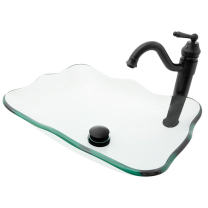 rectangular clear glass vessel sink with matching faucet and pop-up drain