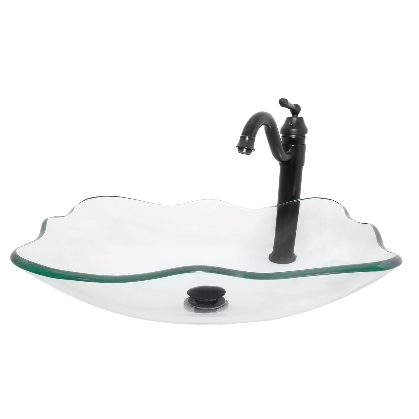 rectangular clear glass vessel sink with matching faucet and pop-up drain