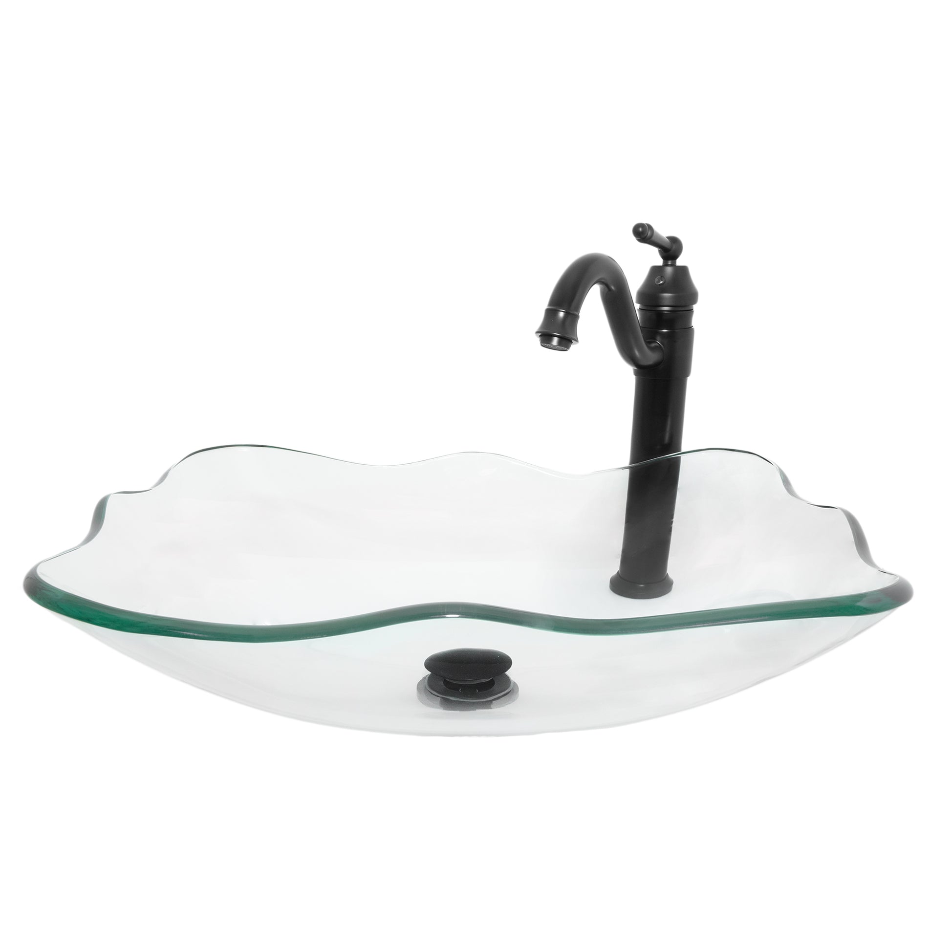 rectangular clear glass vessel sink with matching faucet and pop-up drain