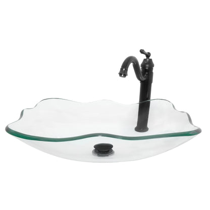 rectangular clear glass vessel sink with matching faucet and pop-up drain