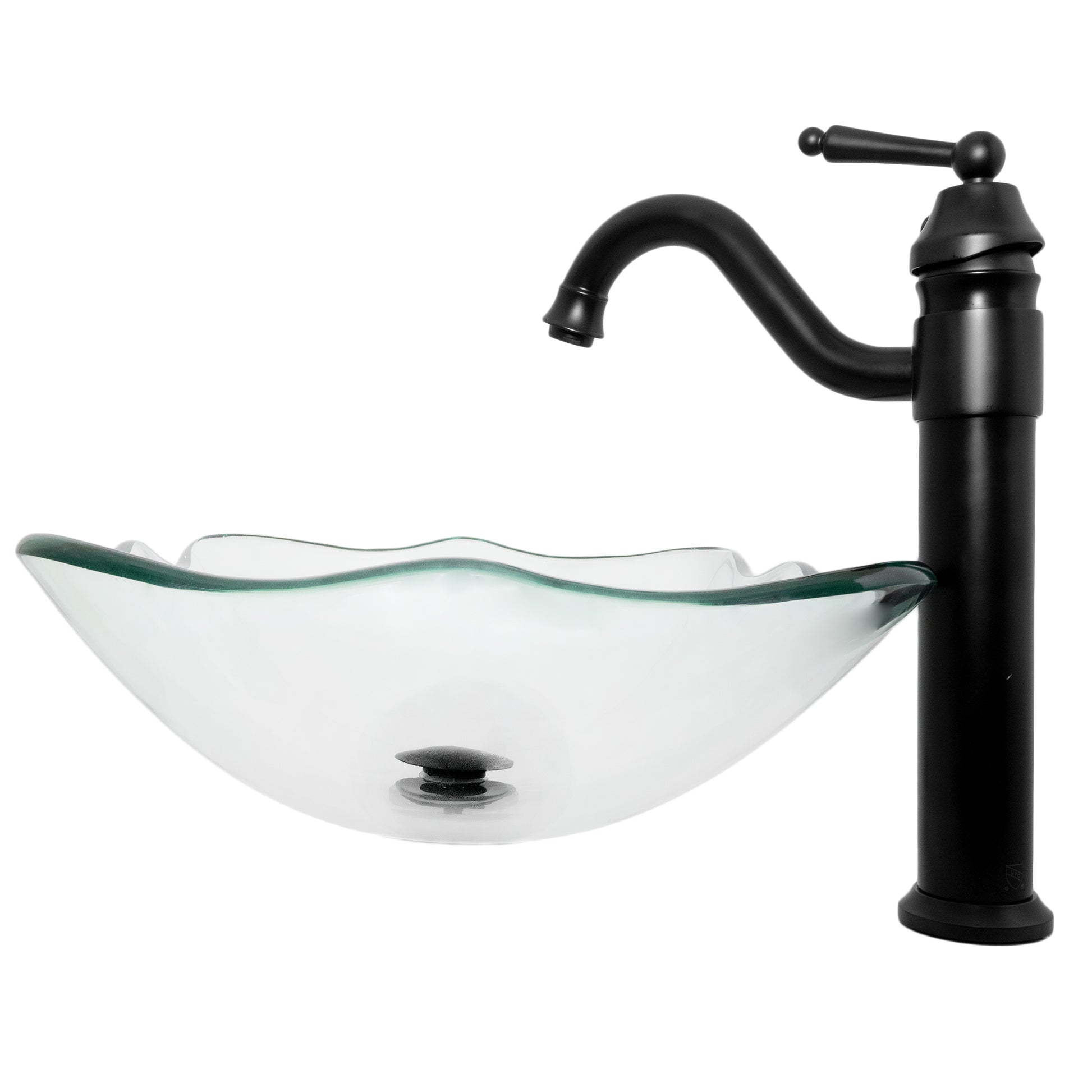 rectangular clear glass vessel sink with matching faucet and pop-up drain