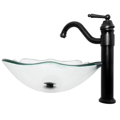 rectangular clear glass vessel sink with matching faucet and pop-up drain