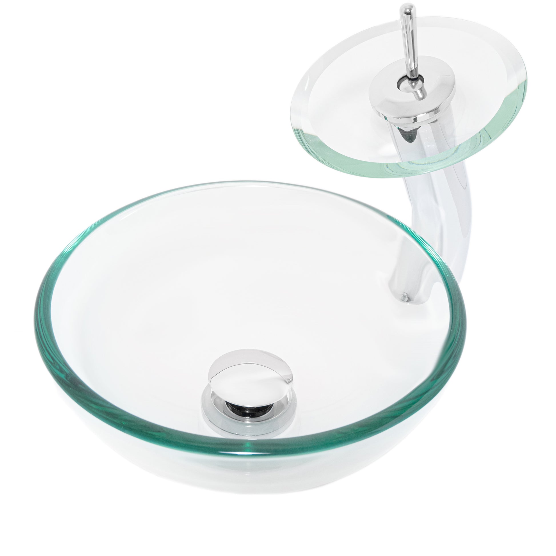 Modern bathroom combo set featuring a 12-inch clear glass vessel sink by Novatto, with sleek design and chrome fixtures.