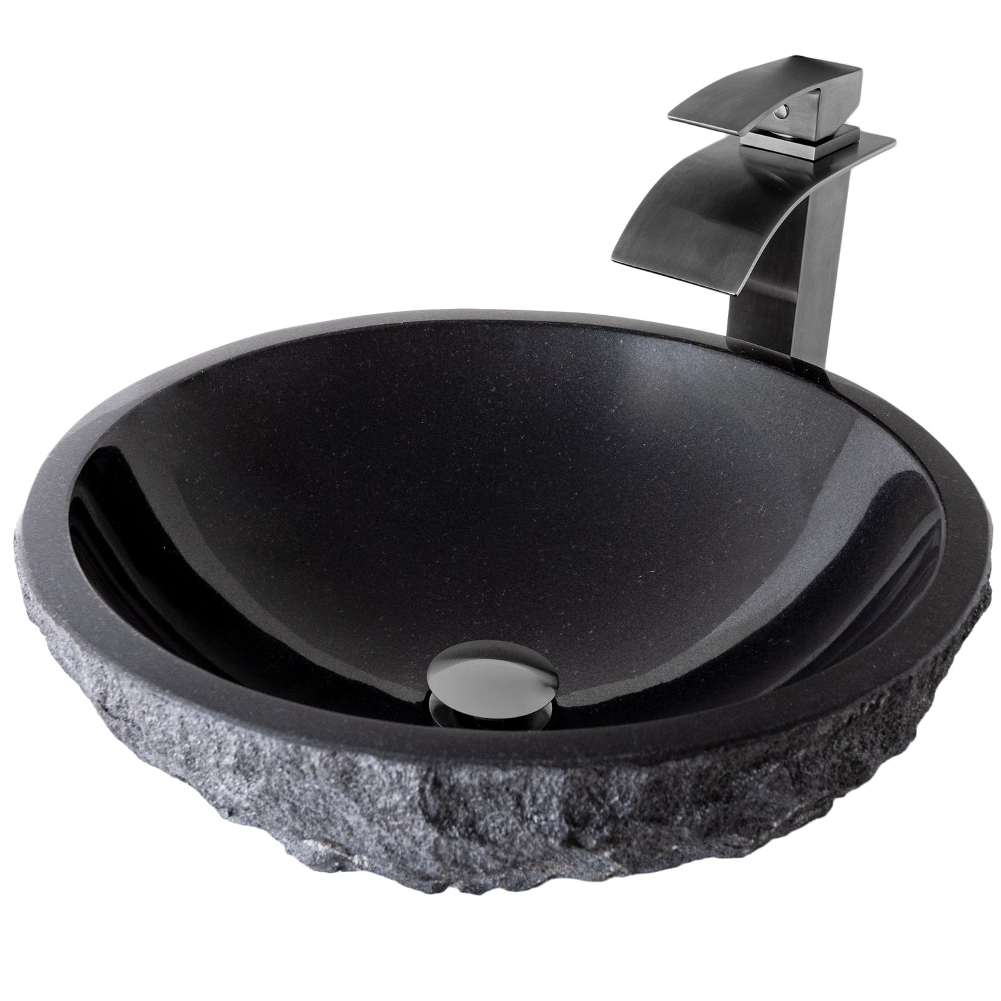 Round Black Granite Stone Bathroom Sink with matching faucet and umbrella drain
