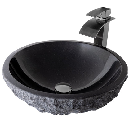 Round Black Granite Stone Bathroom Sink with matching faucet and umbrella drain