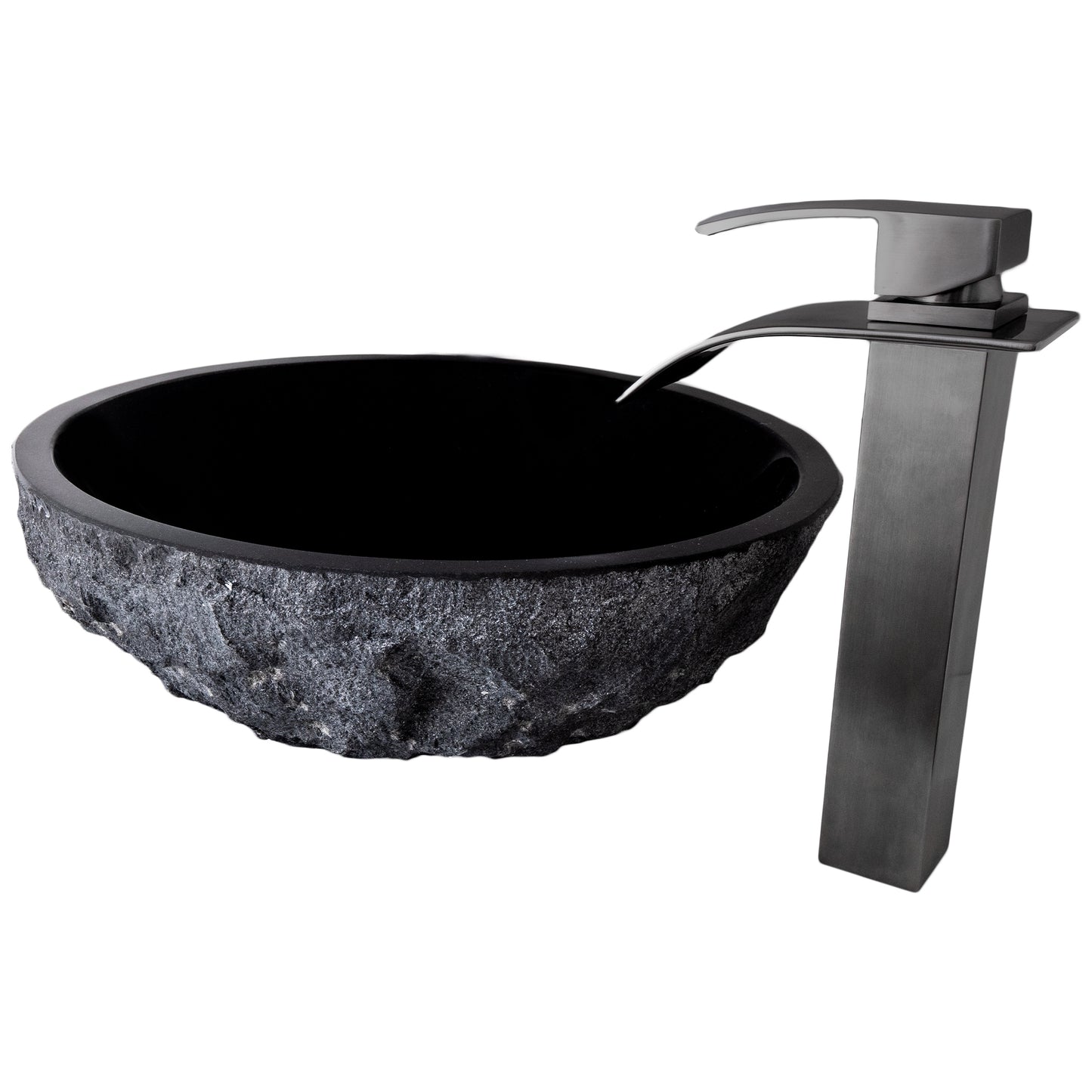 Round Black Granite Stone Bathroom Sink with matching faucet and umbrella drain
