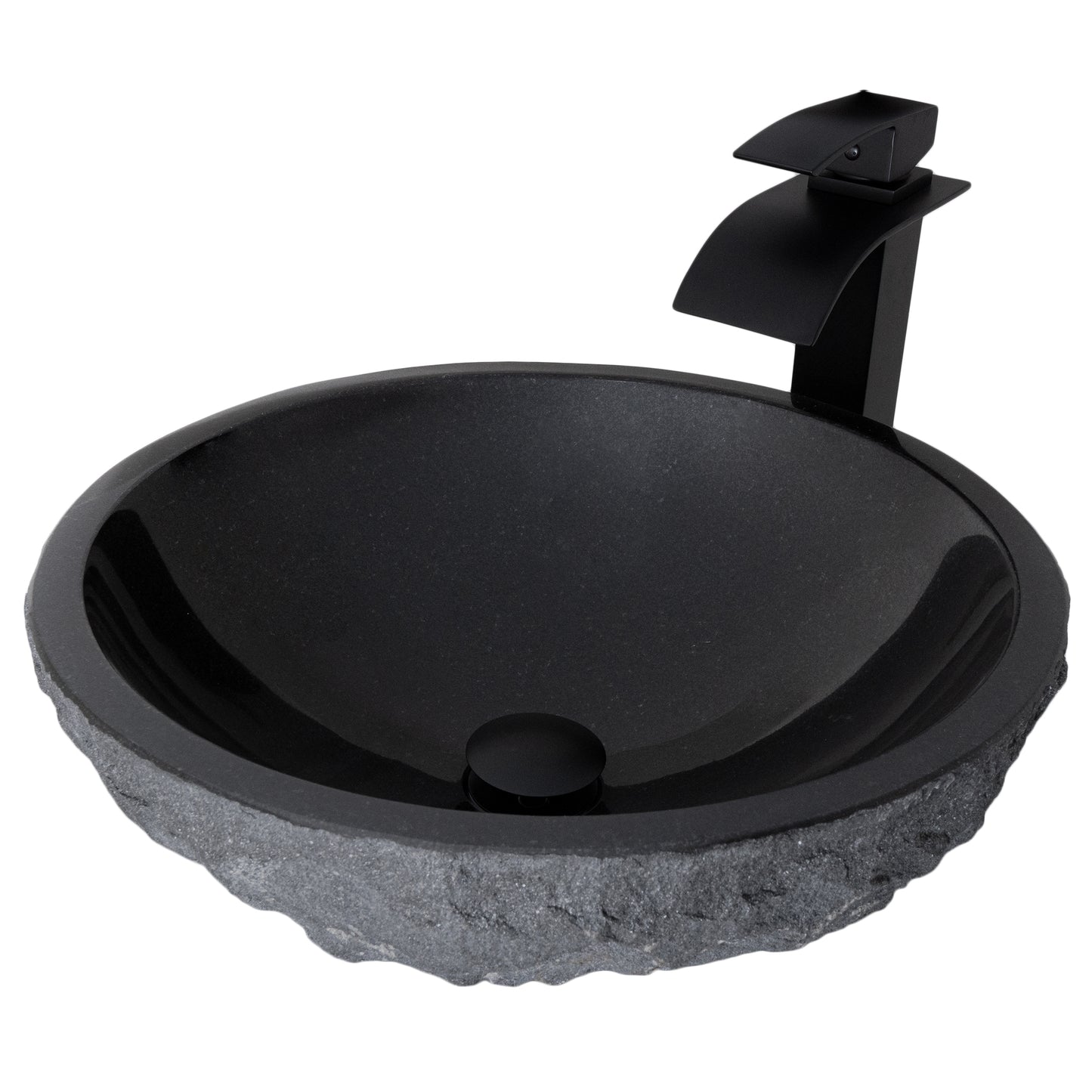 Round Black Granite Stone Bathroom Sink with matching faucet and umbrella drain