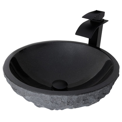 Round Black Granite Stone Bathroom Sink with matching faucet and umbrella drain