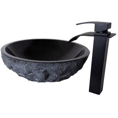 Round Black Granite Stone Bathroom Sink with matching faucet and umbrella drain
