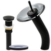 waterfall glass vessel faucet in matte black with smoke disc, drain and mounting ring