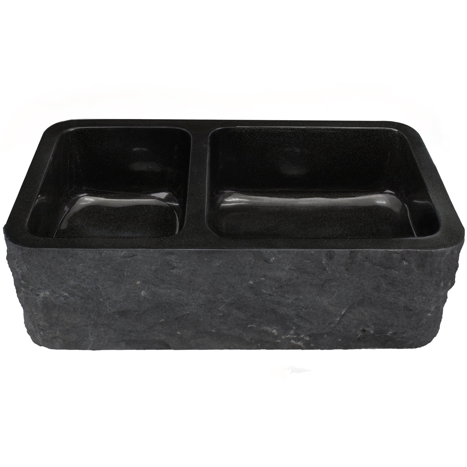 Farmhouse Kitchen Sink in Black Granite with Chiseled Apron