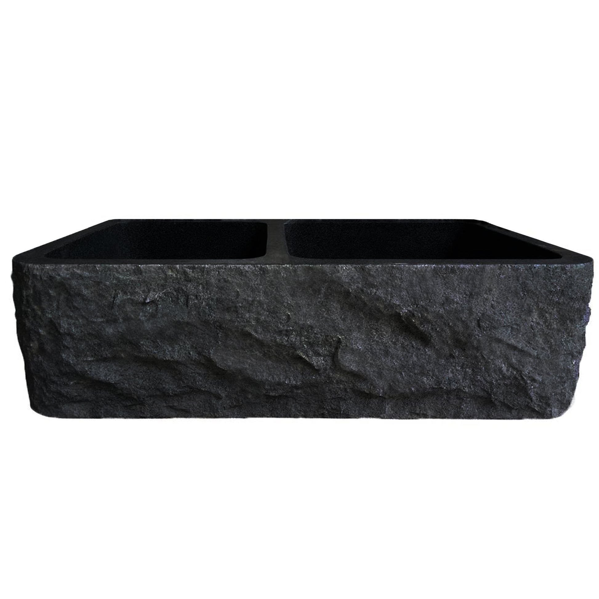 Farmhouse Kitchen Sink in Black Granite with Chiseled Apron
