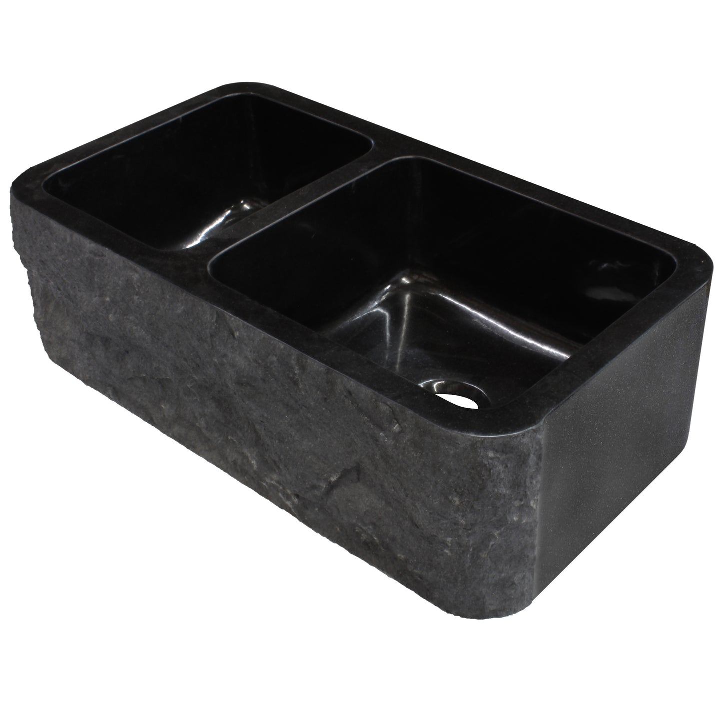 Reversible 60/40 Kitchen Sink in Black Granite with Chiseled or Polish Apron - NKS-DBNAN