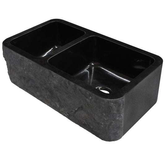 Reversible 60/40 Kitchen Sink in Black Granite with Chiseled or Polish Apron - NKS-DBNAN