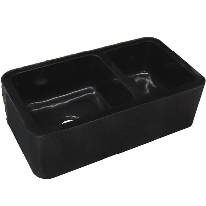 Reversible 60/40 Kitchen Sink in Black Granite with Chiseled or Polish Apron - NKS-DBNAN
