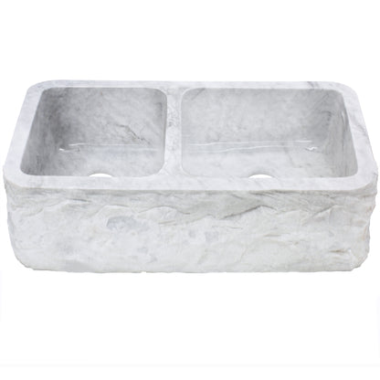 Reversible 60/40 Kitchen Sink in Carrara White Marble w/ Chiseled or Polish Apron - NKS-DBNCW