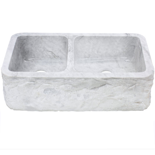 Reversible 60/40 Kitchen Sink in Carrara White Marble w/ Chiseled or Polish Apron - NKS-DBNCW