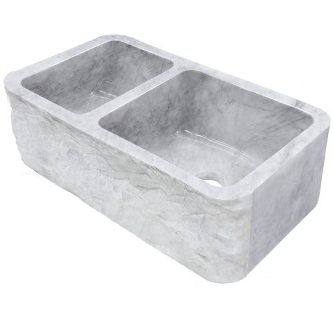 Reversible 60/40 Kitchen Sink in Carrara White Marble w/ Chiseled or Polish Apron - NKS-DBNCW