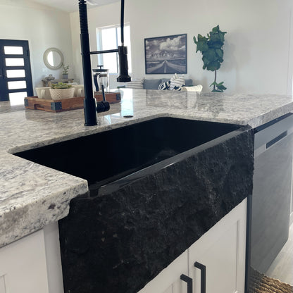 Single Bowl Kitchen Sink in Black Granite with Natural Chiseled Apron - NKS-SBNAN