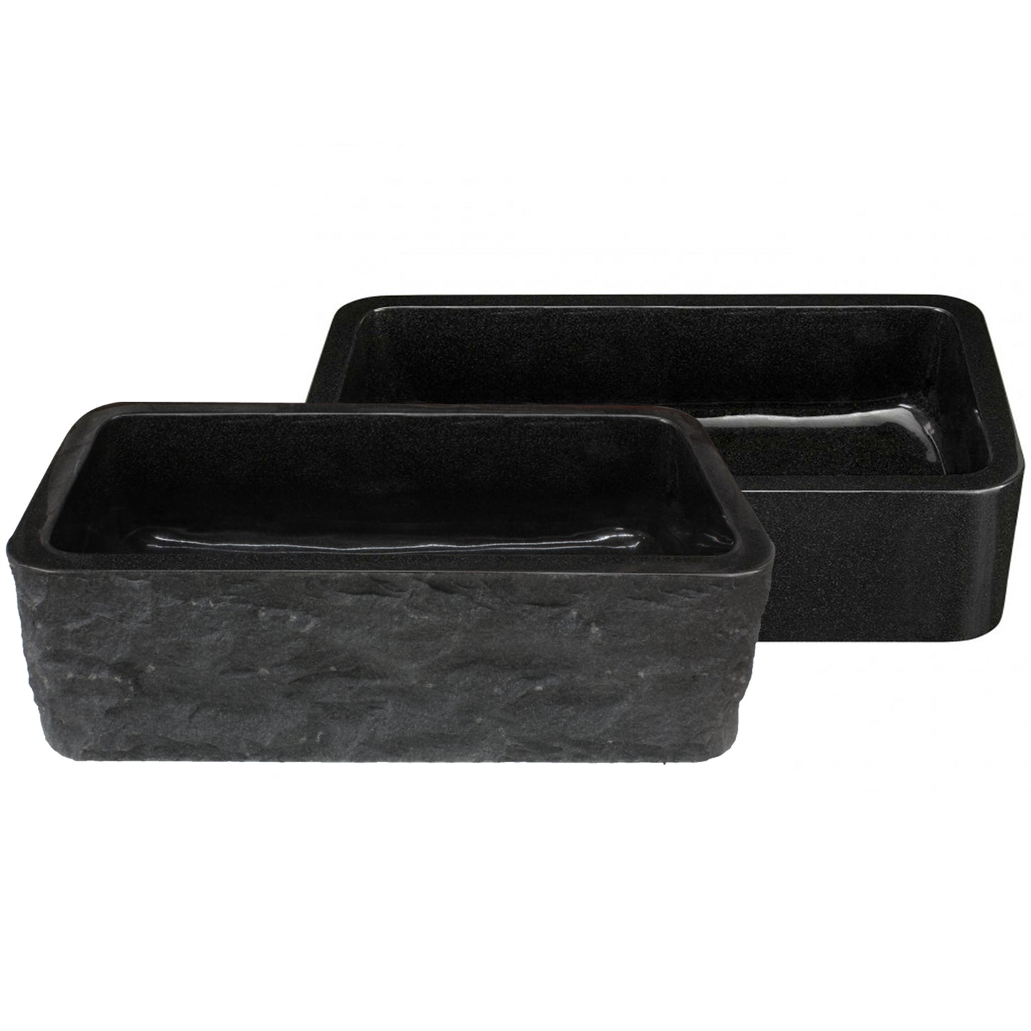 Single Bowl Kitchen Sink in Black Granite Chiseled Apron Polished