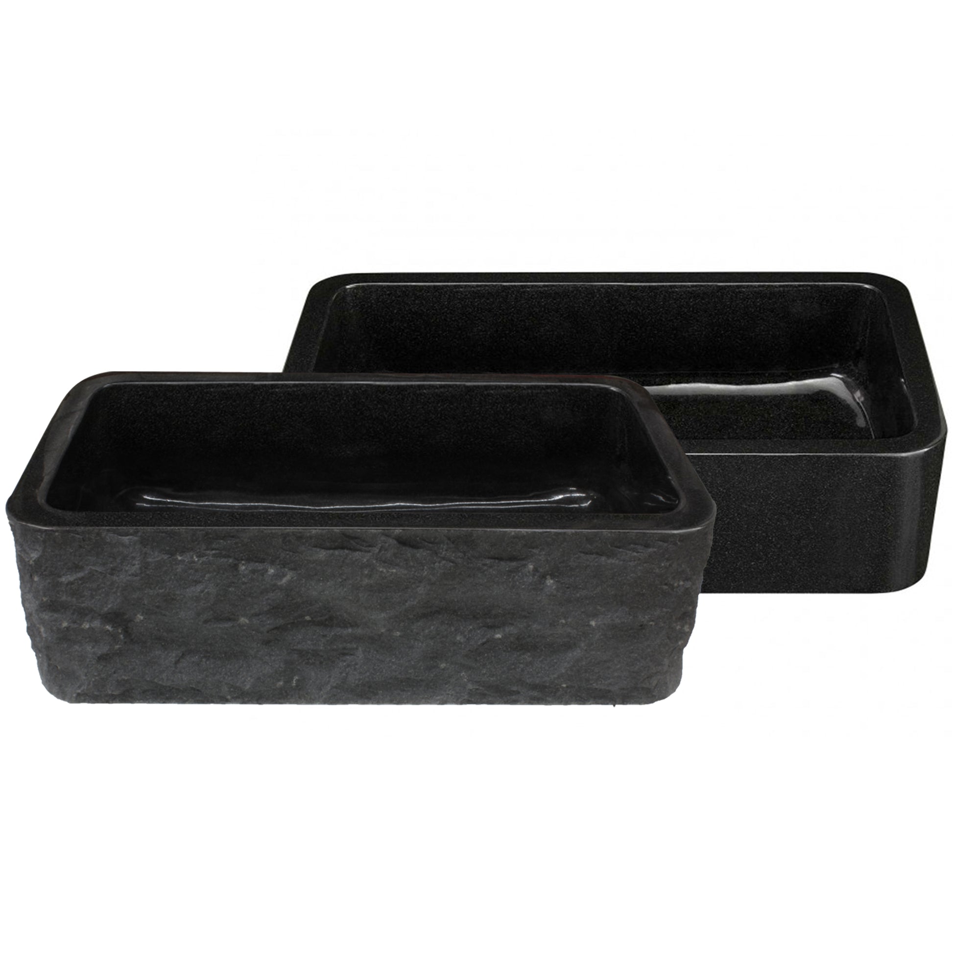 Single Bowl Kitchen Sink in Black Granite Chiseled Apron Polished