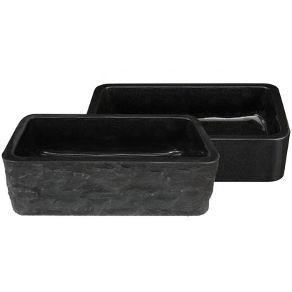 Single Bowl Kitchen Sink in Black Granite Chiseled Apron Polished