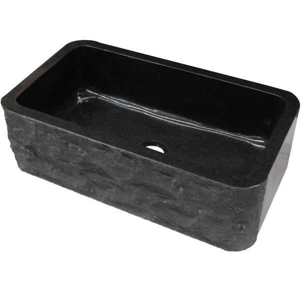 Single Bowl Kitchen Sink in Black Granite Chiseled Apron