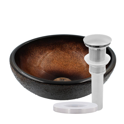 Mini 12-inch black and copper round glass vessel sink by Novatto, ideal for transitional bathroom decor.