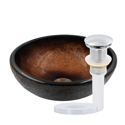 Mini 12-inch black and copper round glass vessel sink by Novatto, featuring a transitional bathroom design with sleek glass finish.