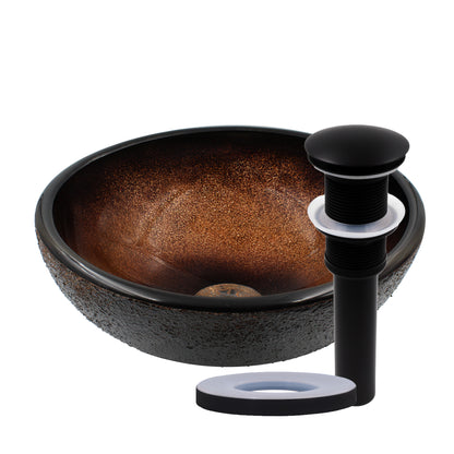 Mini 12-inch black and copper round glass vessel sink by Novatto, ideal for transitional bathroom decor.