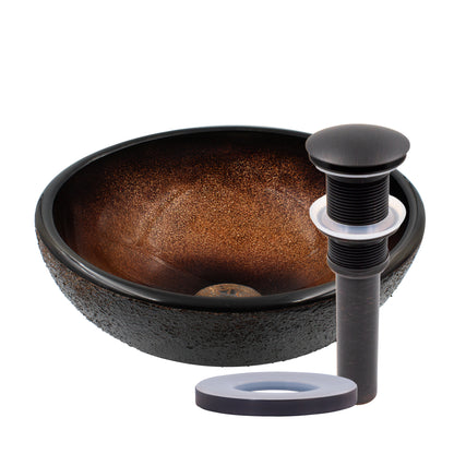 Mini 12-inch black and copper round glass vessel sink by Novatto, transitional bathroom sink with sleek glass surface.