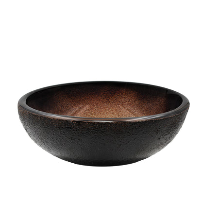 Mini 12-inch black and copper round glass vessel sink by Novatto, side view showing sleek transitional bathroom design.