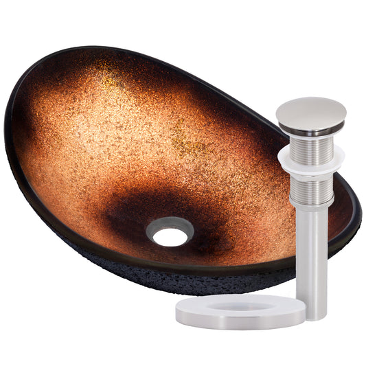Black and copper oval glass vessel bathroom sink by Novatto, featuring a modern transitional design and smooth glass surface.