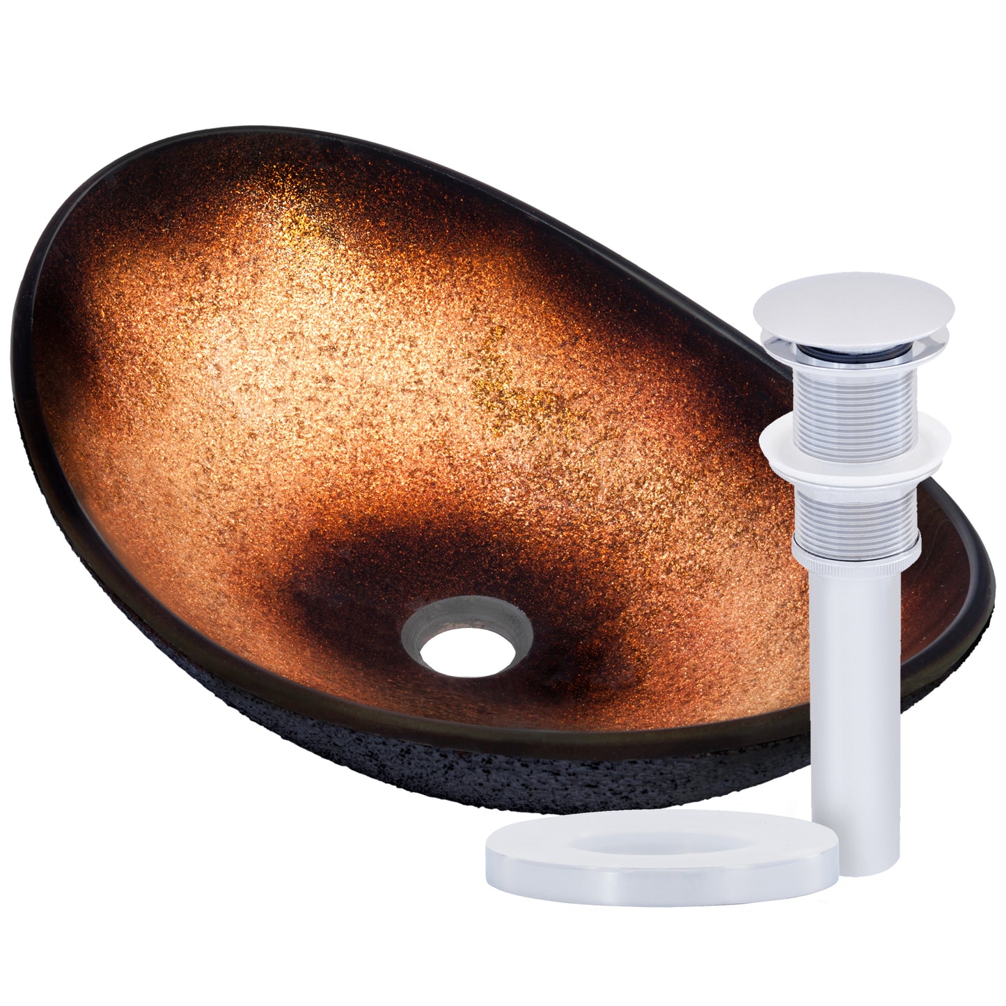 Black and copper oval glass vessel bathroom sink by Novatto, with a sleek transitional design and smooth glass surface.