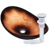 black and copper glass sink with pop-up drain, chrome