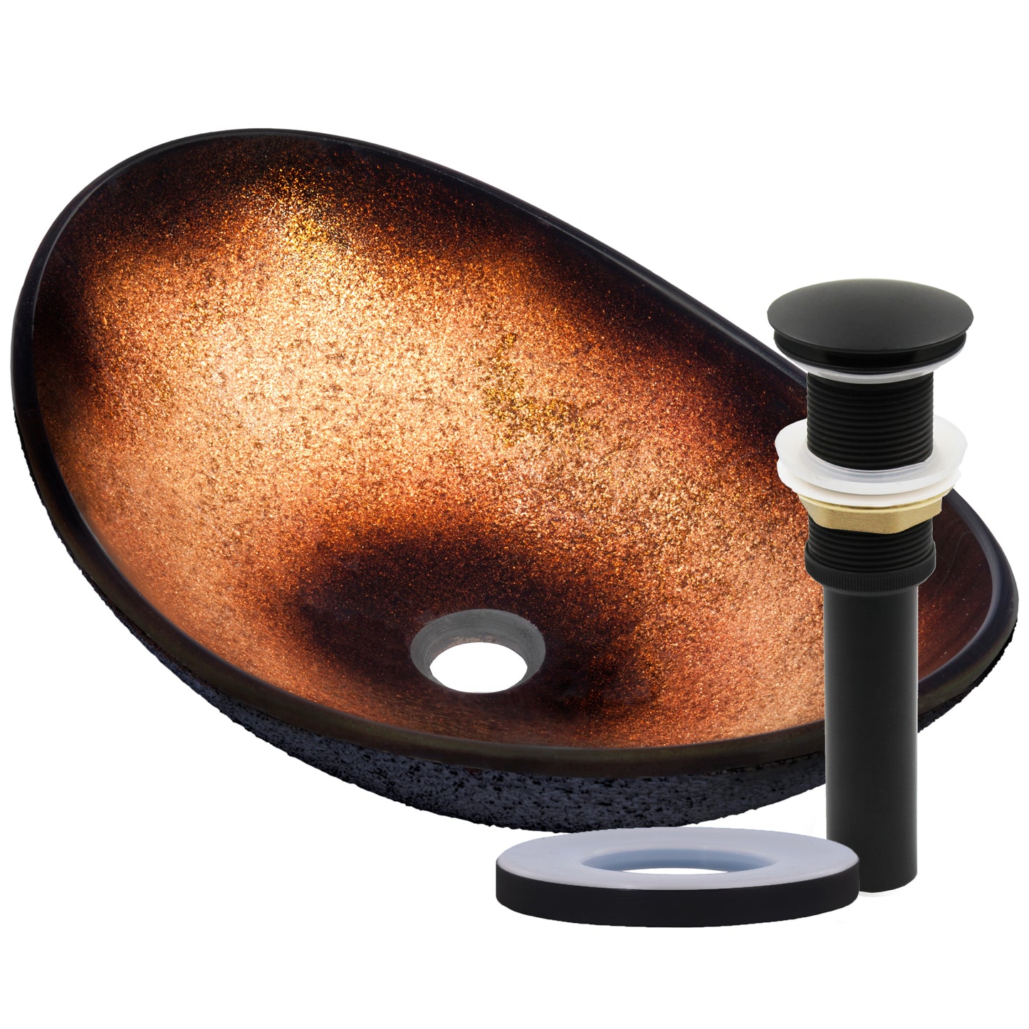 Black and copper oval glass vessel bathroom sink by Novatto, featuring a sleek transitional design and elegant oval shape.