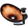 black and copper glass sink with pop-up drain, matte black