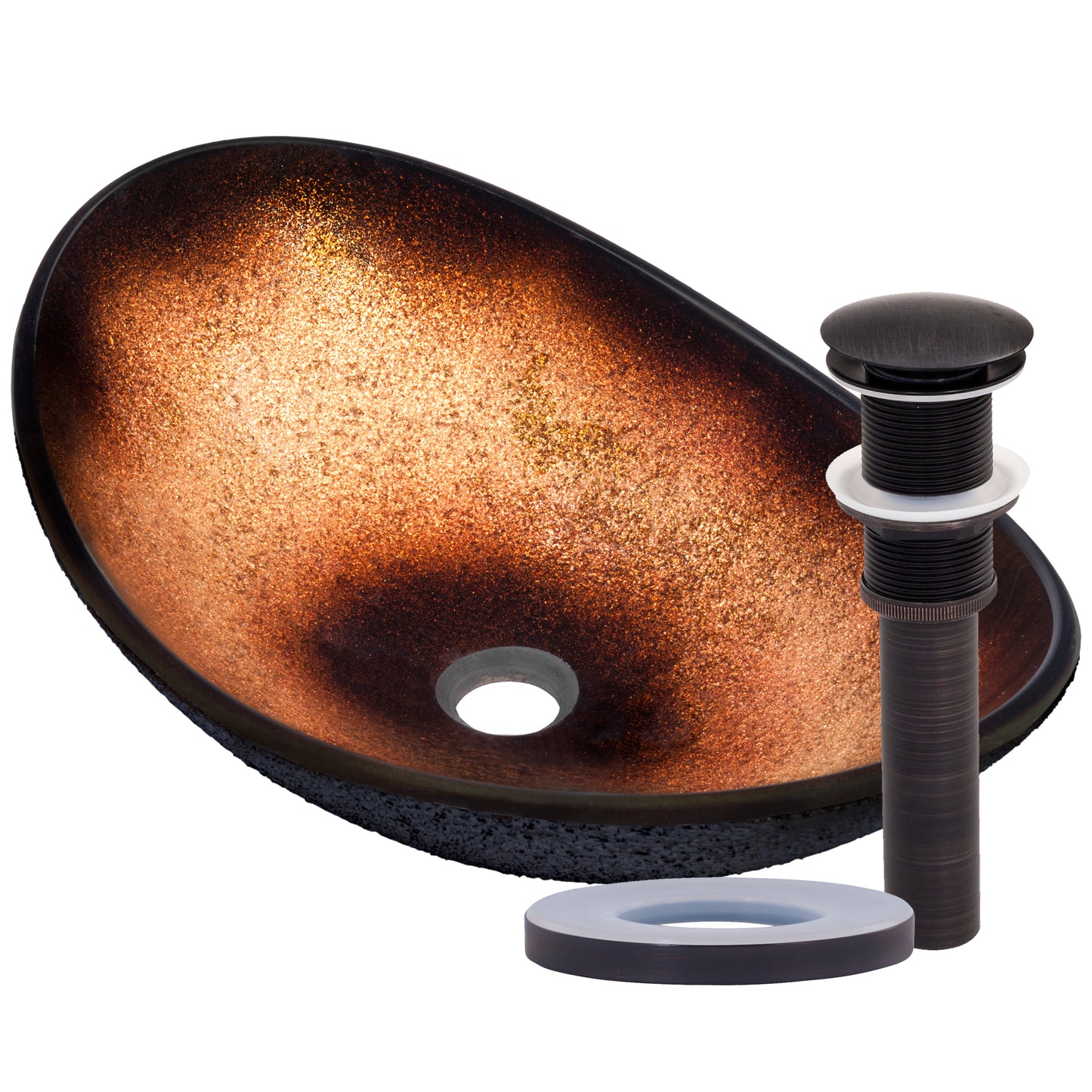 Black and copper oval glass vessel bathroom sink by Novatto, transitional style with smooth, glossy surface and elegant design.