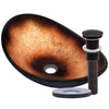 black and copper glass sink with pop-up drain, oil rubbed bronze