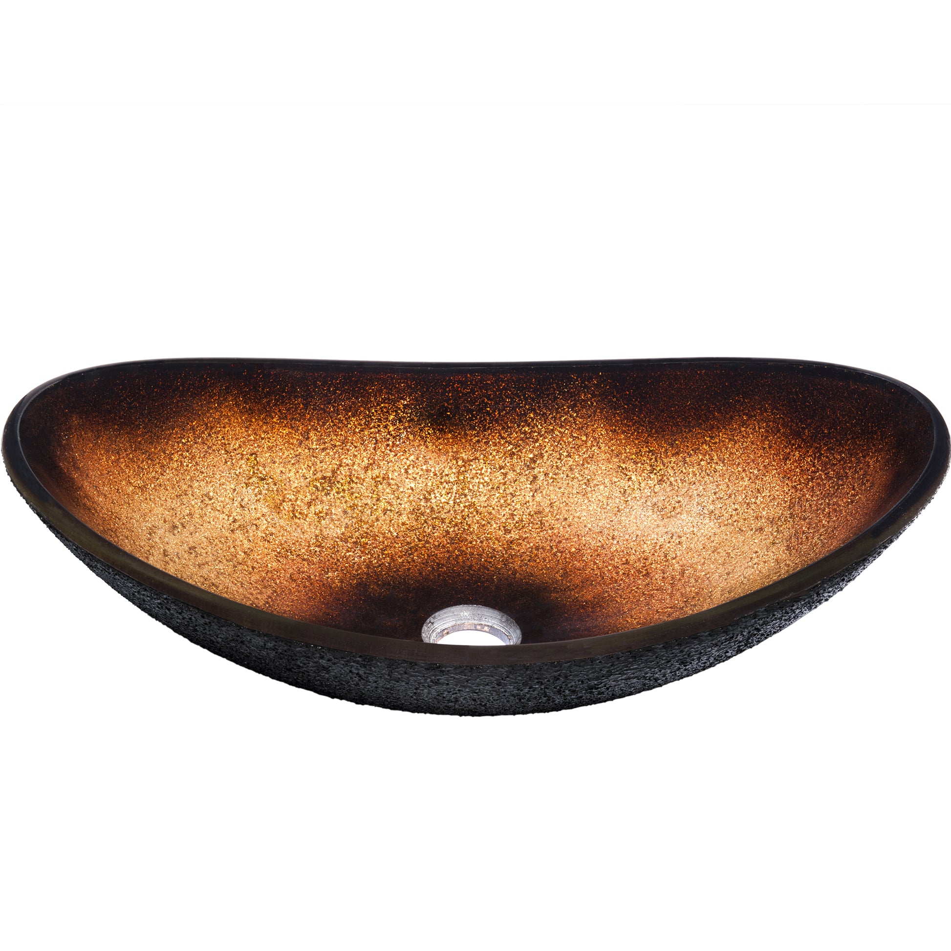 Black and copper oval glass vessel bathroom sink by Novatto, featuring a sleek transitional design with a smooth front view.