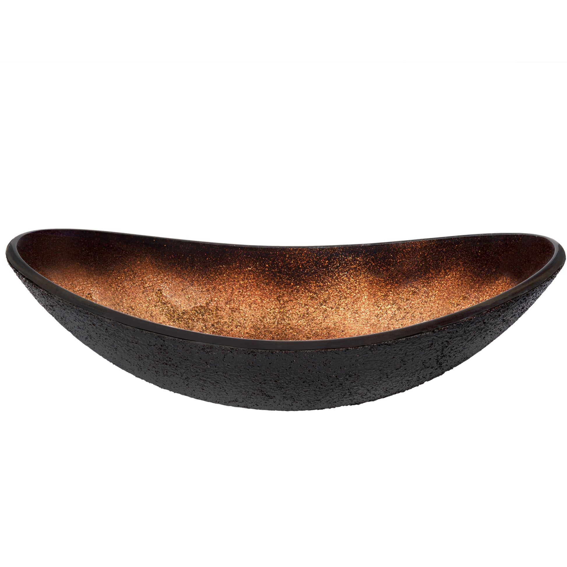 Side view of Novatto black and copper oval glass vessel bathroom sink, transitional style, with smooth curved surface and glossy finish.