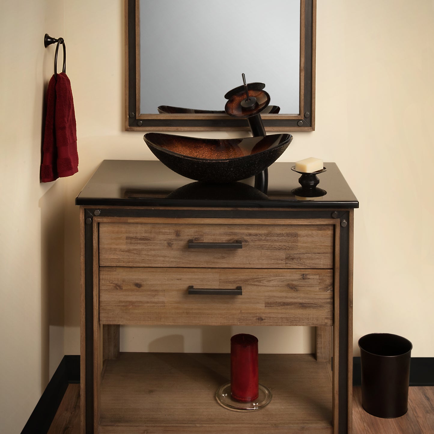 Black and copper oval glass vessel bathroom sink by Novatto, showcasing sleek transitional style and modern design details.