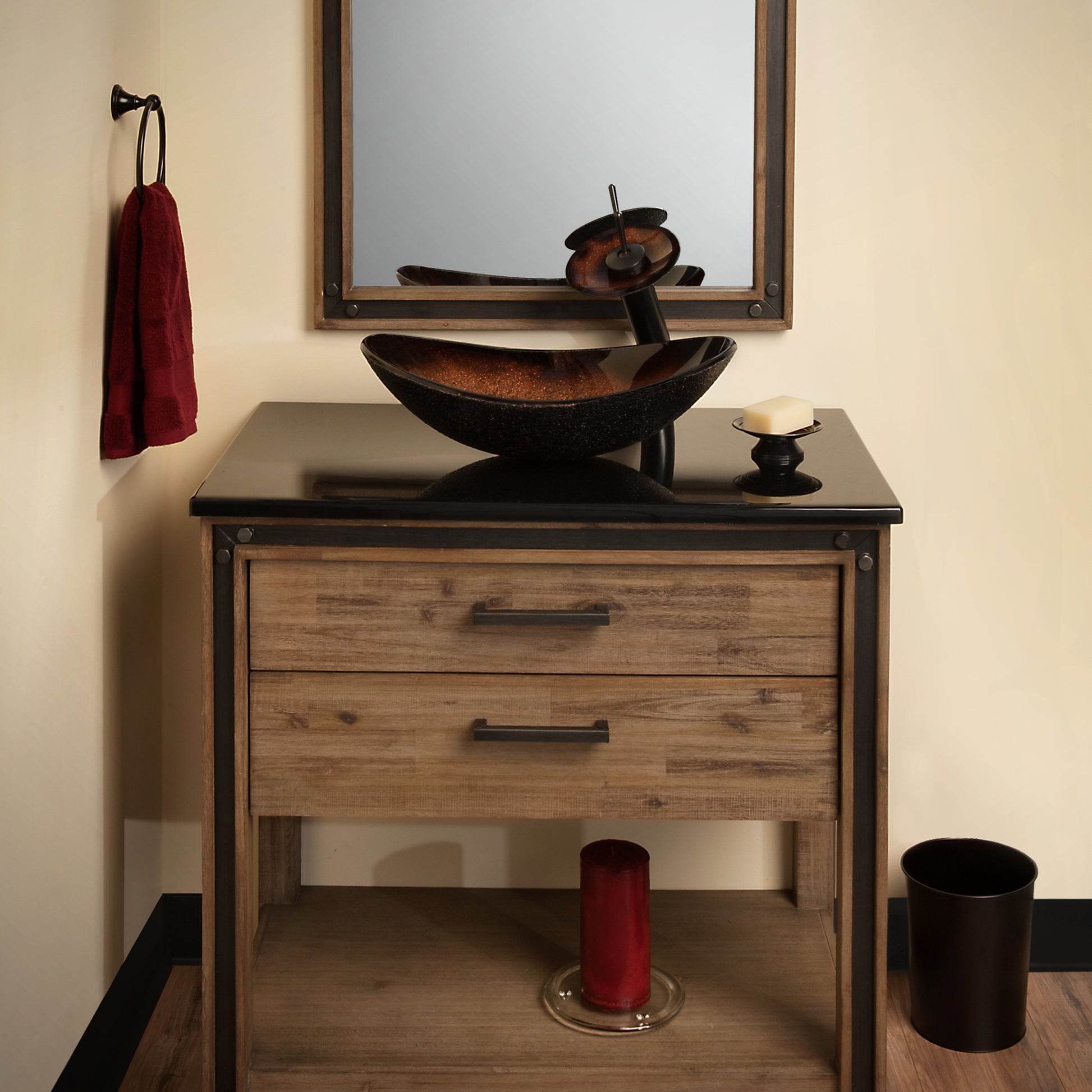 Black and copper oval glass vessel bathroom sink by Novatto, showcasing sleek transitional style and modern design details.