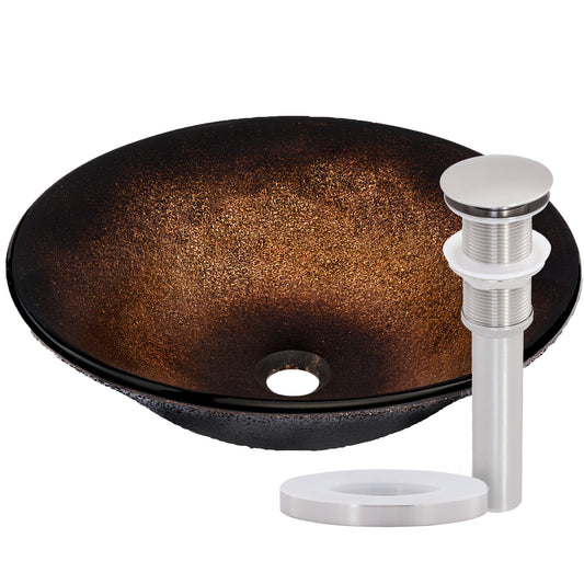 Black and copper round glass vessel bathroom sink with transitional style, designed by Novatto.