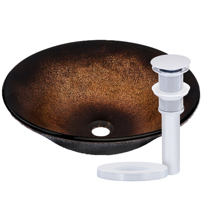 Black and copper round glass vessel bathroom sink by Novatto, featuring a transitional style with a sleek, modern design.
