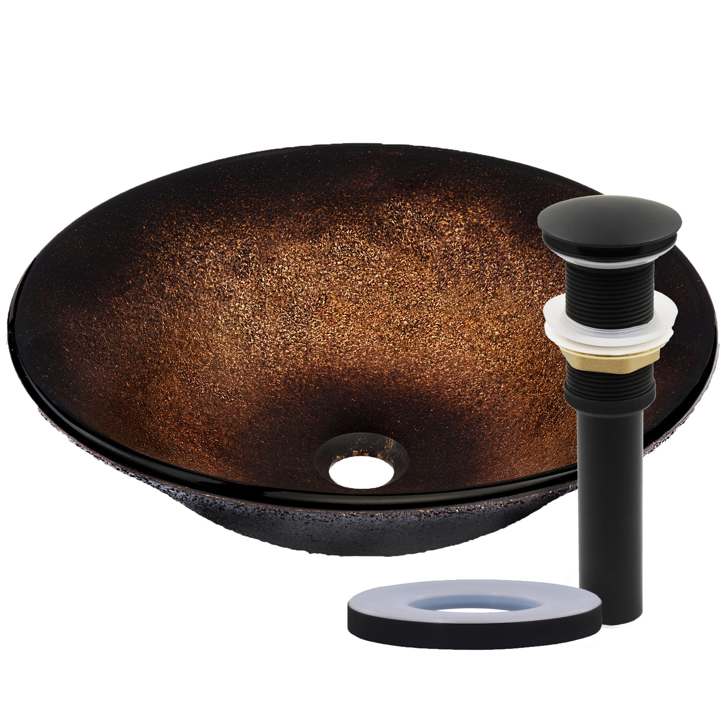 Black and copper round glass vessel bathroom sink by Novatto, transitional style with sleek modern design.