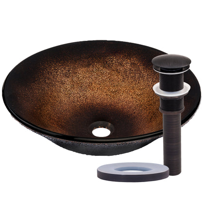 Black and copper round glass vessel bathroom sink by Novatto, transitional style with sleek, modern design.