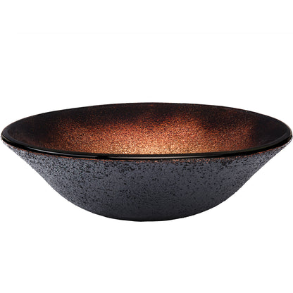 Side view of Novatto black and copper round glass vessel bathroom sink, transitional style for modern bathrooms.
