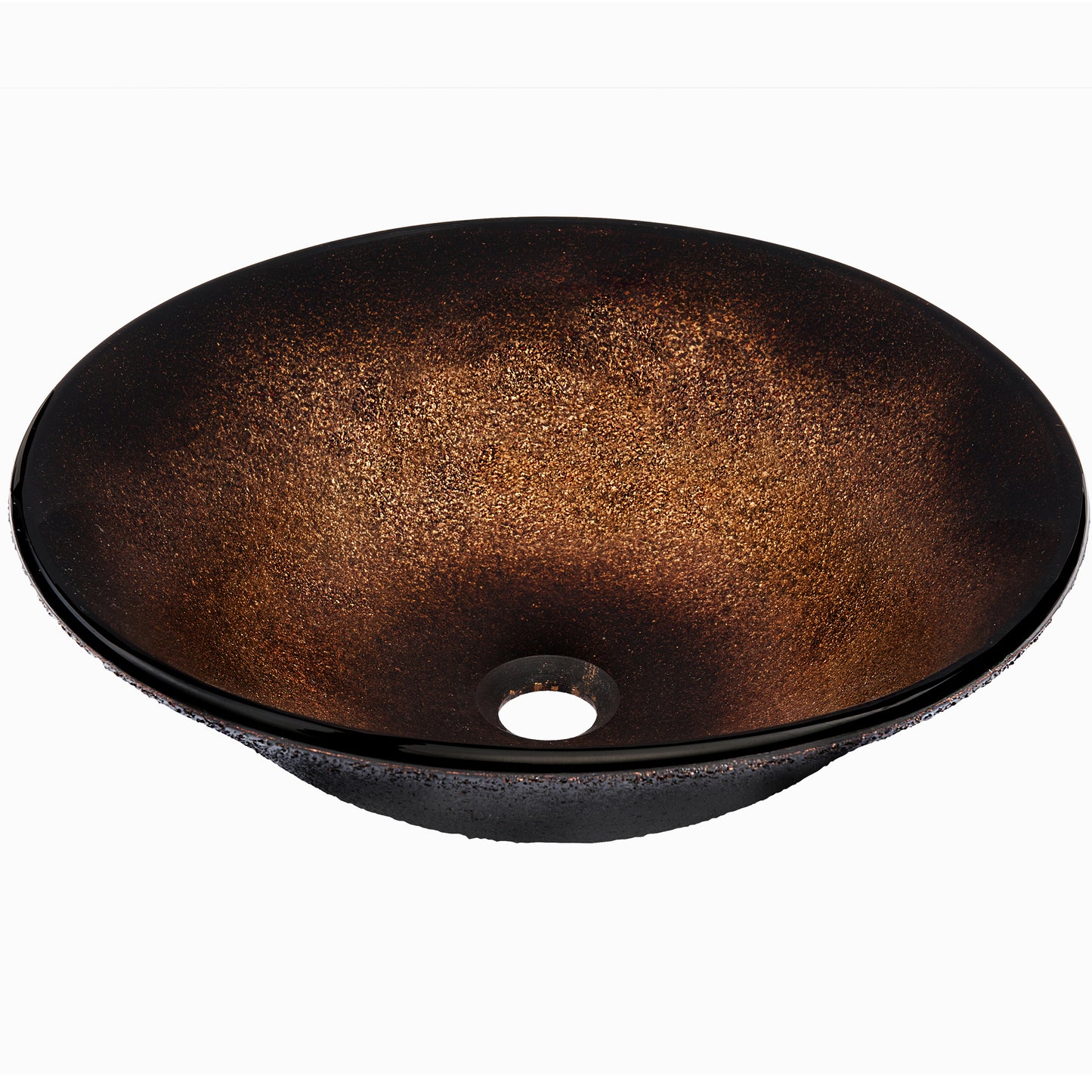 Black and copper round glass vessel bathroom sink by Novatto, transitional style, shown in three-quarter view.