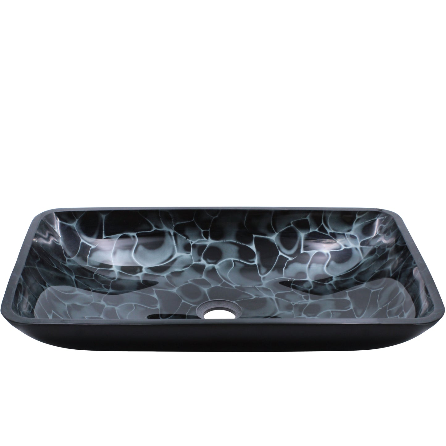 Modern Novatto black and silver rectangle glass vessel sink with hand-painted design, front and top view.